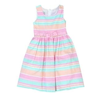 Bonnie Jean Girls Pink Mint Peach Stripe Bow Dress Size 12 Easter Spring Party